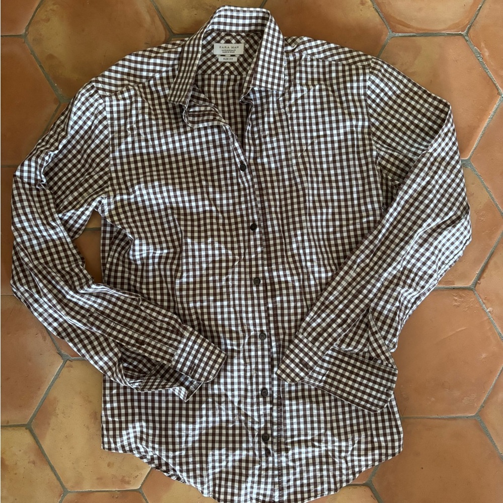 Zara | Slim fit gingham shirt in brown | sz M